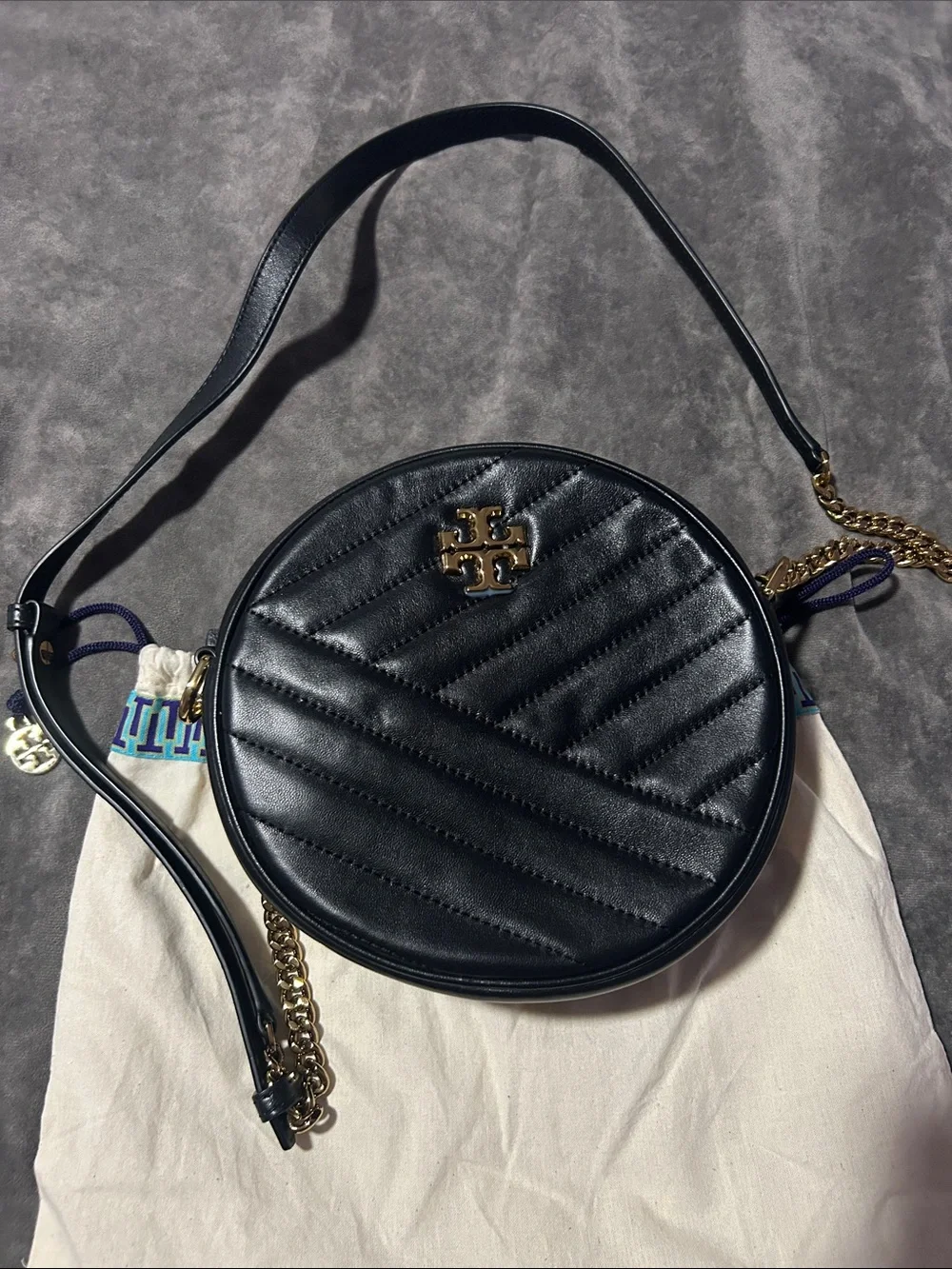 Tory Burch Black Quilted Round Leather Crossbody with Gold Logo